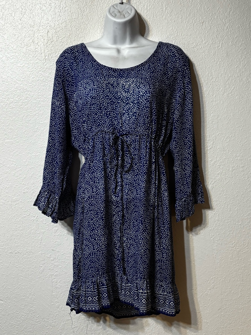 Kimura Bali Boho Resort Blue White Botanical Drawstring Tunic Dress One Size